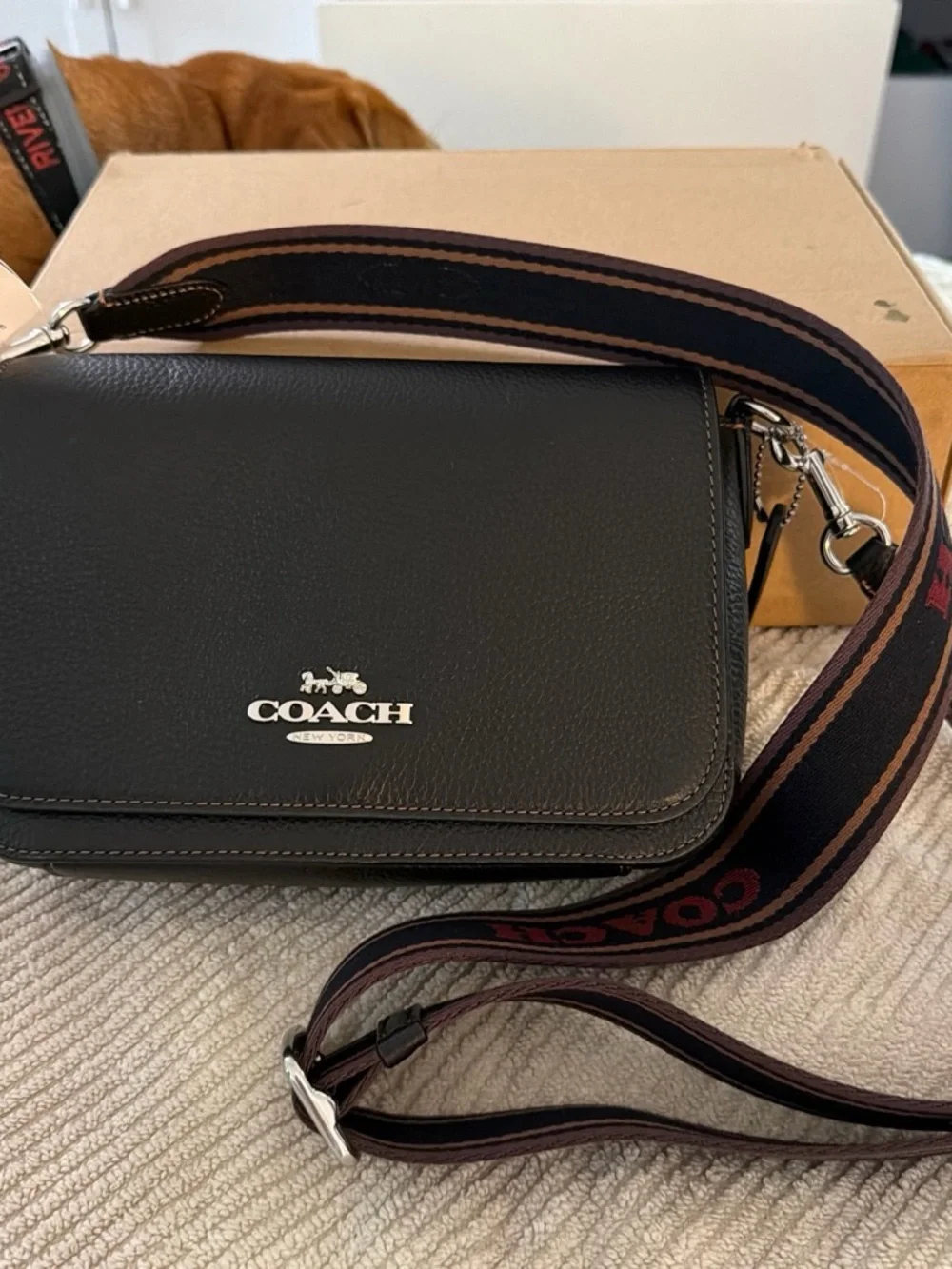 Coach Black Leather Messenger Bag with Branded Strap